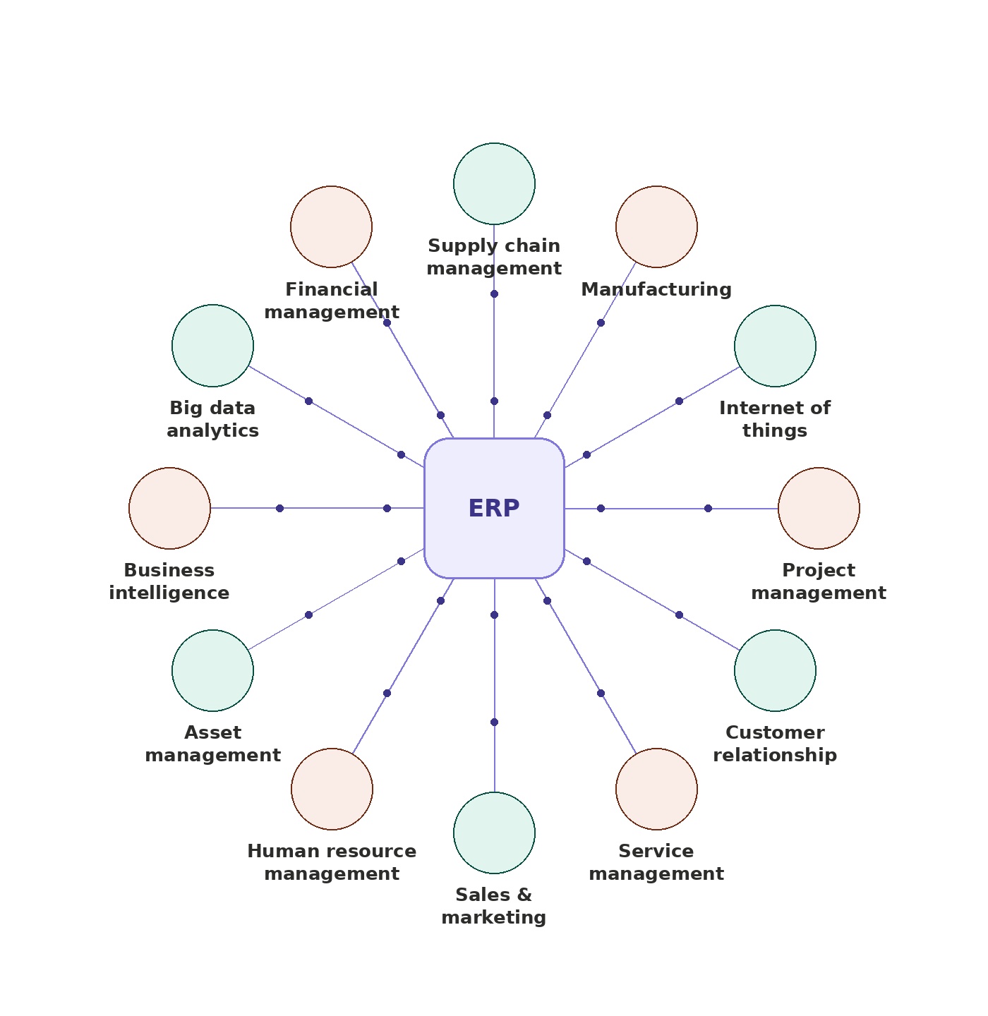 ERP diagram connecting finance, supply chain, manufacturing, IoT, projects, customer relationships, service, sales, human resources, assets, business intelligence, and analytics